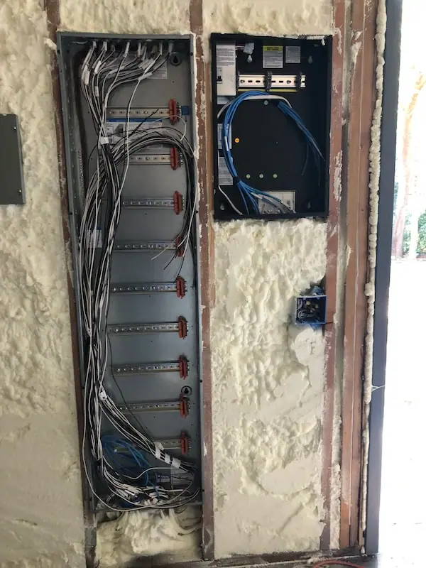 Electrical panel and wiring inside an open wall during rough-in